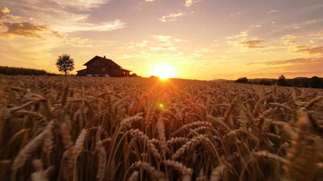 Golden Wheat Field at Sunset with Farmhouse and Tree, Rural Landscape