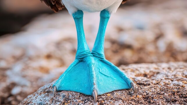 Close up of a blue-footed booby's bright blue foot on a rocky surface