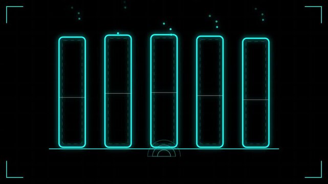 Futuristic vertical progress bars glow with cyan neon light inside a high-tech interface frame on a dark screen.