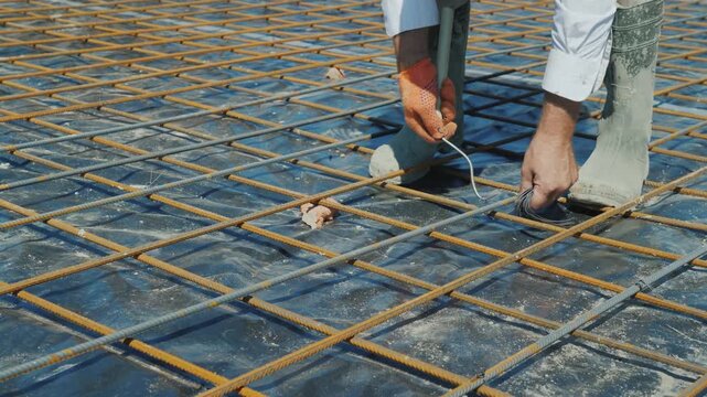 A construction worker in rubber boots works on reinforcing steel mesh for a building foundation at a job site.