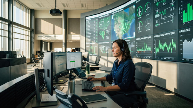 Female utility operator wearing headset sitting at computer desk analyzing green renewable power generation charts across massive digital monitor wall