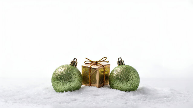 Two green glittery christmas baubles and a small golden gift box sitting on snow isolated on white background