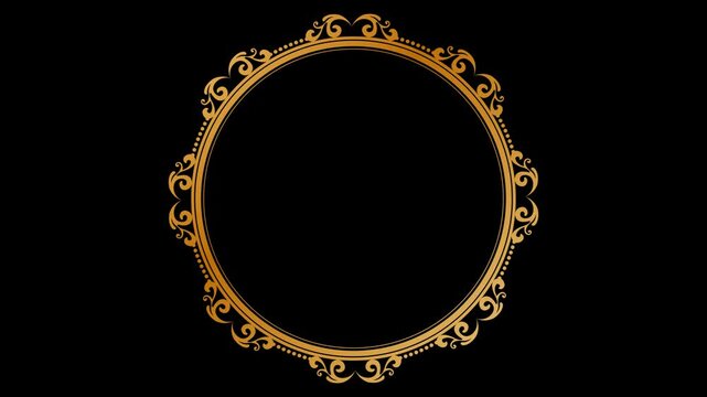 An elegant luxury gold circular frame video featuring intricate vintage floral ornaments and baroque details rotating over a dark black background. Perfect for luxury branding, wedding invitations. 48