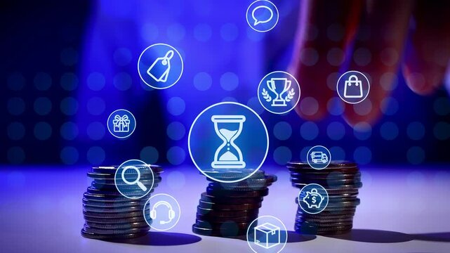 Stacks of coins sit on a surface. Various icons float above them, showing symbols related to time, shopping, and achievements. The background has a blue tint and circular patterns.