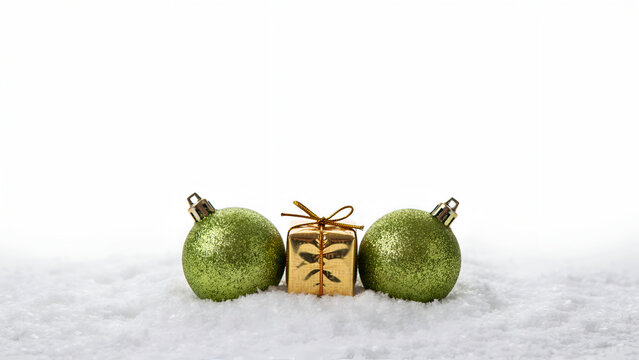 Two green glittery christmas baubles and a small golden gift box sitting in the snow isolated on white background