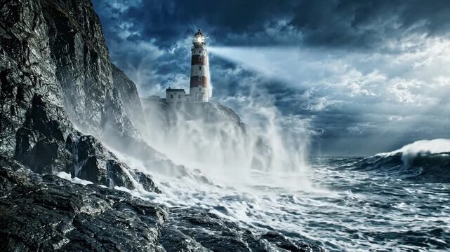 Dramatic lighthouse on a rocky cliff overlooking stormy seas with crashing waves