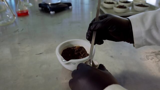 Close-up of a scientist's gloved hands in a laboratory, preparing soil samples from organic waste for analysis using a mortar and pestle and small porcelain containers.
