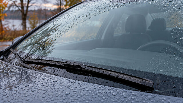 Scheibenwischer auf regennasser Windschutzscheibe