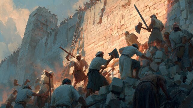 Nehemiah Rebuilding the Walls of Jerusalem as Determined Workers Build Amid the Ruins