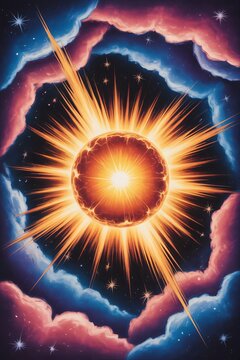 Glowing celestial sunburst emerging from cosmic nebula clouds.