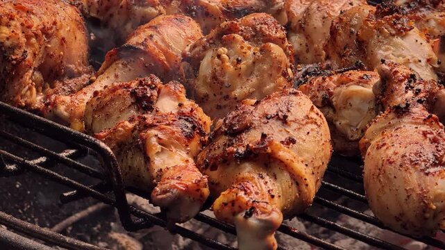 Seasoned chicken drumsticks sear above glowing charcoal as light smoke reveals golden skin charred edges and the dark patina of a well used grill