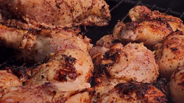 Heat and charcoal smoke rise through golden chicken searing on a well used grill revealing juicy texture charred edges and the seasoned patina of the grate