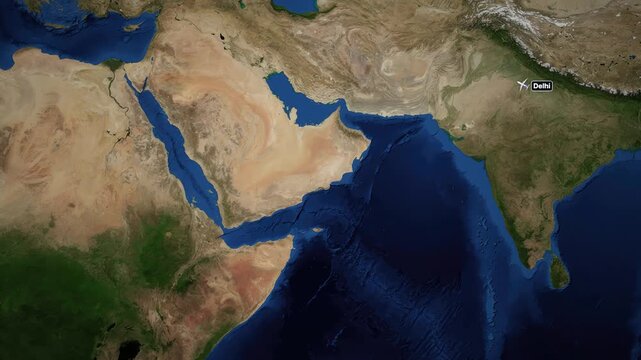 Satellite Map Animation of Airplane Flight Path from Delhi to Cairo