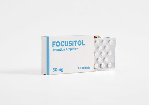 Box of focusitol attention amplifier tablets resting on white background