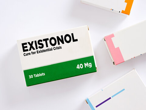Existonol curing existential crisis with medicine box on white background