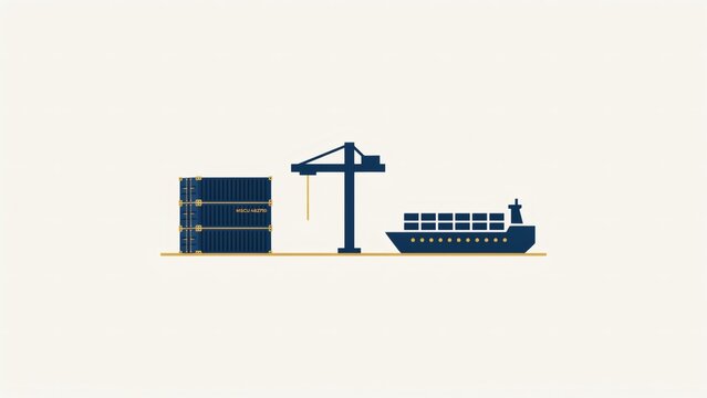 A flat vector icon illustration showing cargo containers a crane with ship light background containers next tall stack cargo infrastructure with crane transport