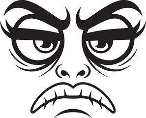 A black and white vector graphic of an angry, grumpy cartoon face expression. Features sharp, angled thick eyebrows, heavy half-lidded glare eyes, a small nose, and a downturned frowning mouth. Bold b © Shuvojith Das Ranu