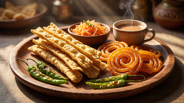Gujarati breakfast fafda jalebi with hot tea on wooden background