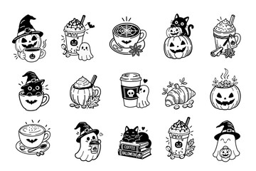 Fototapeta premium Halloween Coffee and Cafe Doodle Collection – Cute Black and White Line Art Vector Set