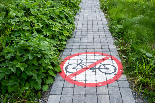 Bicycle prohibition marking on a paved path beside dense greenery in Vienna, Austria, showing urban mobility rules and everyday transport infrastructure