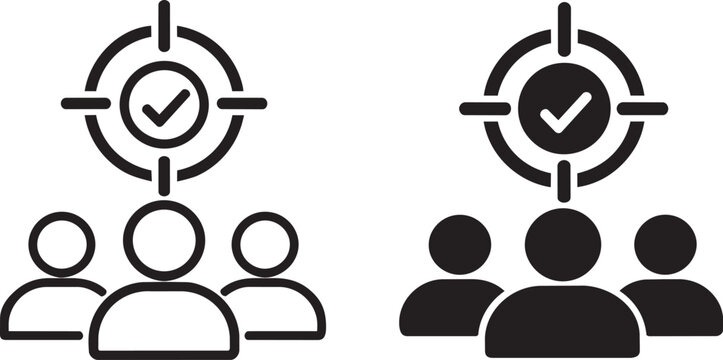 target with check mark and team group icons set vector illustration