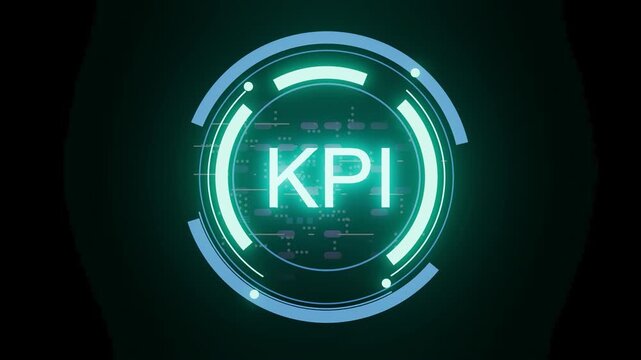 A graphic representation shows the letters KPI in a bright font. Circular designs and lines surround the letters, giving a technological feel. The background is dark.