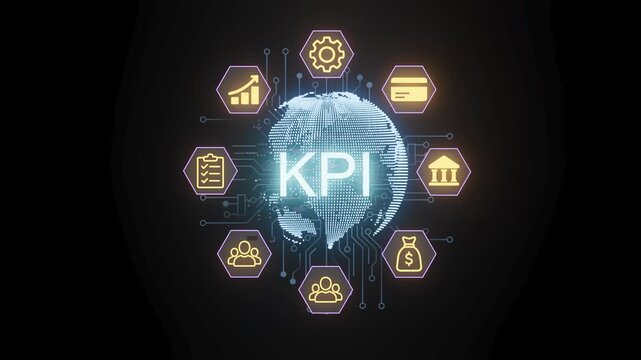 Various icons representing key performance indicators are shown around a globe. The scene highlights business activities. The visual uses a dark background.