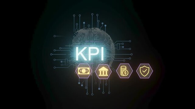 KPI is shown with symbols representing finance, strategy, and security on a dark digital background. The terms relate to measuring business success and goals.