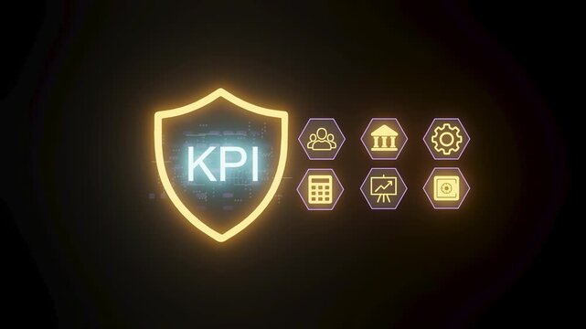 A shield symbol stands out with the text KPI at its center. Surrounding icons represent data analysis, finance, and performance metrics. The setting has a dark background with glowing elements.