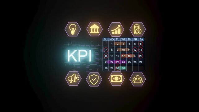 A display shows icons related to key performance indicators with a calendar layout. This setup helps track important metrics weekly. It includes symbols for finance, teamwork, and alerts.