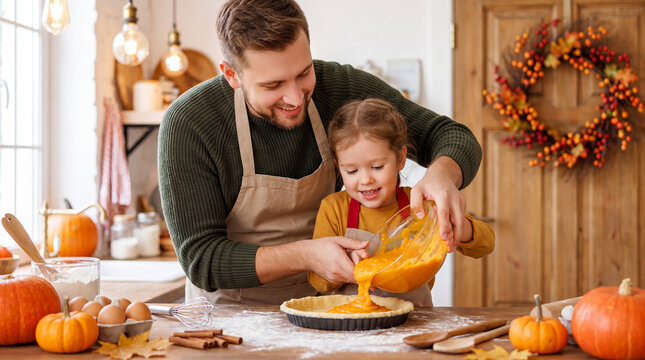 Father and daughter preparing pumpkin pie together in a warmly decorated kitchen with autumn wreath and seasonal ingredients on counter