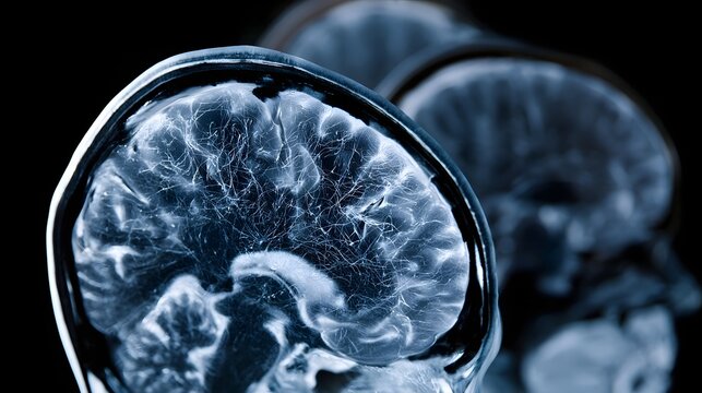 Close up of a human brain scan showing detailed neural structures and cerebral cortex patterns in blue and white tones