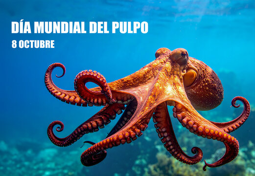 Pulpo com&uacute;n en el fondo marino, vida marina y biodiversidad oce&aacute;nica. Animal marino en su h&aacute;bitat natural, camuflaje y ecosistema submarino, D&iacute;a Mundial del Pulpo, conservaci&oacute;n de los oc&eacute;anos.