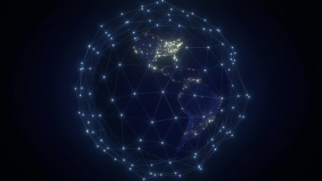 Planet Earth with Glowing Digital Plexus Network Zoom in to South America - 3d 4k animation (3840 x 2160 px)