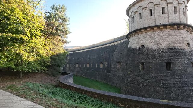 Luxembourg Fort Th&uuml;ngen tracking shot along stone bastion walls