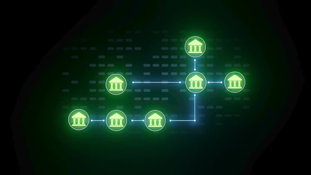 A network of digital bank icons connected by lines. The icons glow in green against a dark background, representing a blockchain structure.