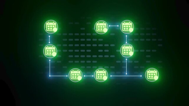 A network of green calendar icons is connected by blue lines on a dark background. Each icon represents an event or task in a digital format. The setup shows a planned schedule layout.