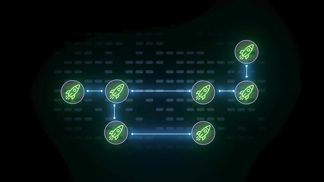 A visual representation shows a network of icons resembling rockets connected by lines. The background is dark, creating contrast with the bright elements.