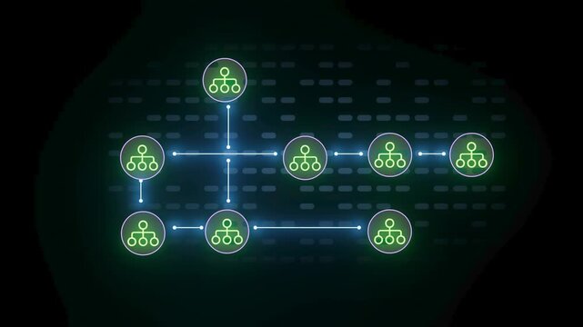 A network diagram illustrates a tech system with glowing nodes connected by lines. The focal point features various nodes representing connections.