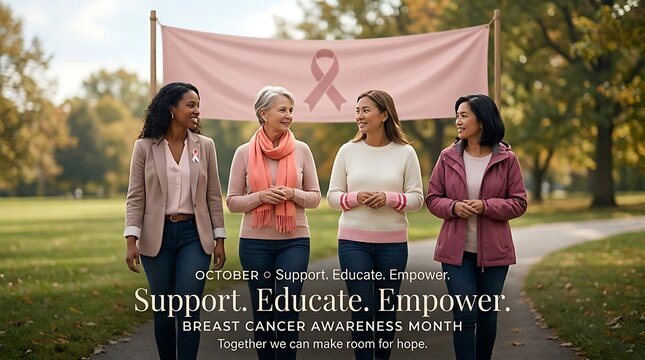 Diverse Group of Women Walking Together for Breast Cancer Awareness Month in a Park