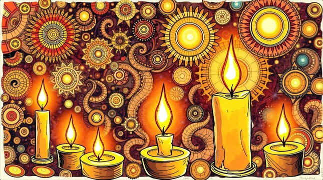 Illustrated Candles With Ornate Mandala And Geometric Patterns.