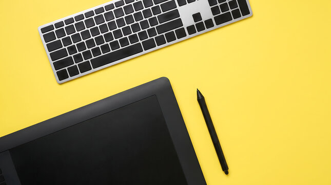 Computer keyboard and graphic tablet with stylus on yellow background