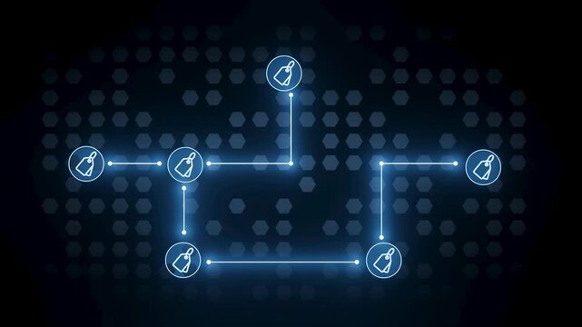 A flowchart shows several nodes connected by lines. Each node features an icon depicting a small bottle. The background is dark with hexagonal patterns.