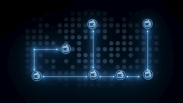 The graphic shows a network of digital wallets linked by lines, representing financial transactions and data exchange in a modern system.