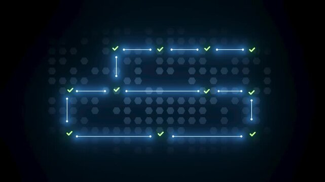 A flow chart with glowing lines and green check marks. The design is set against a dark background, highlighting the connections and steps.