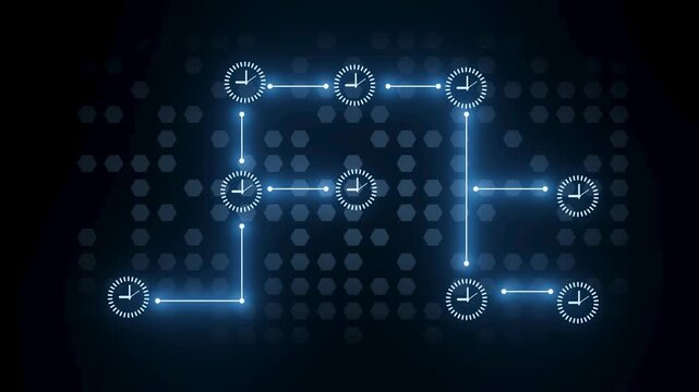 A network graphic with clocks placed at various points. The background has a dark theme with hexagonal patterns. The design appears modern and technical.