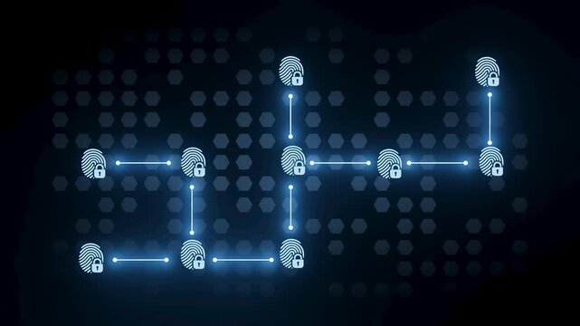 A digital network shows multiple fingerprint icons connected by lines. Each fingerprint has a lock symbol next to it on a dark background. The design represents security and data protection.