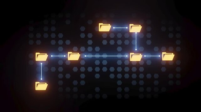 A visual layout displays multiple folders linked by lines. This represents a data structure and shows how information is organized. The background features a pattern.