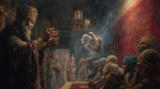 Biblical Belshazzar Witnessing the Writing on the Wall as Divine Judgment Is Revealed