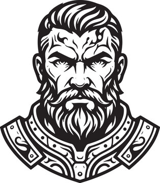 A black and white vector line art portrait of a fierce warrior man with a thick full beard and mustache, facing directly forward. Styled slicked-back haircut with shaved sides,  eyes